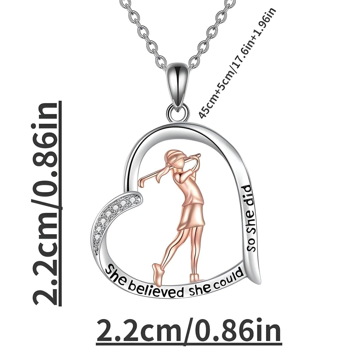 Creative Sports Golf Woman Heart-shaped Pendant Necklace, Elegant Golf Jewelry, Birthday Party Christmas Gift: "She believed she could so she did"