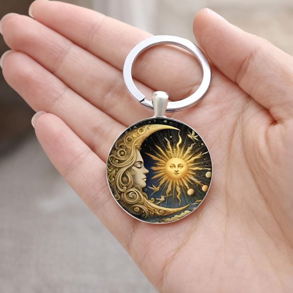 Celestial Sun and Moon Keychain, Art Nouveau Style Metal Key Ring with Mythological Design, 1.18 x 1.09 Inch Round Pendant