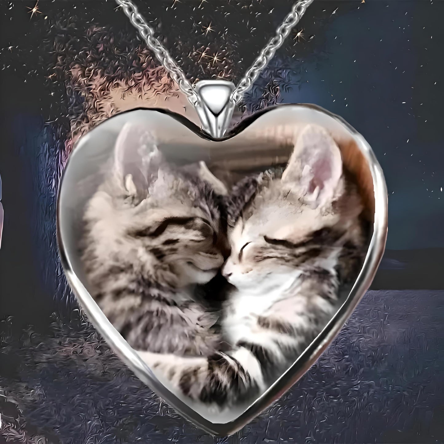 Heart-Shaped Pendant Necklace with Different Animals - Panda, Horse, Deer, Cat, Elephant, Dog Scenic Views, Stainless Steel Necklace with Glass Pendant - Christmas, Holiday, or Birthday Gift (2 Kittens)