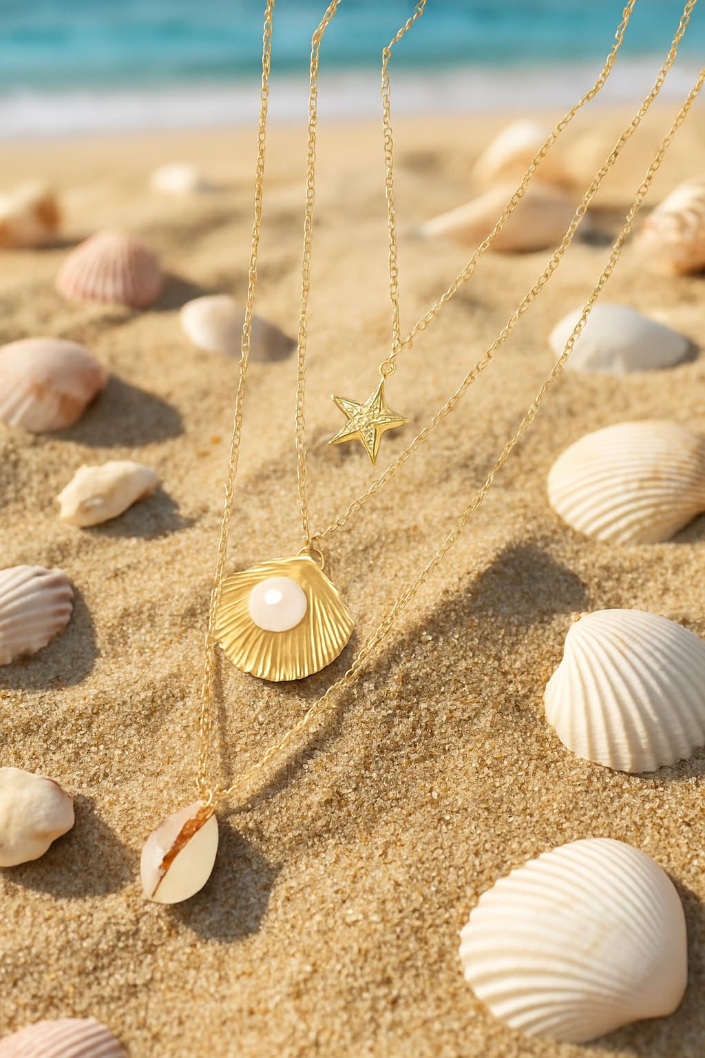 Layered Beach Necklace Set, Gold Tone Starfish Shell Pearl Pendant, 3-Piece Chain