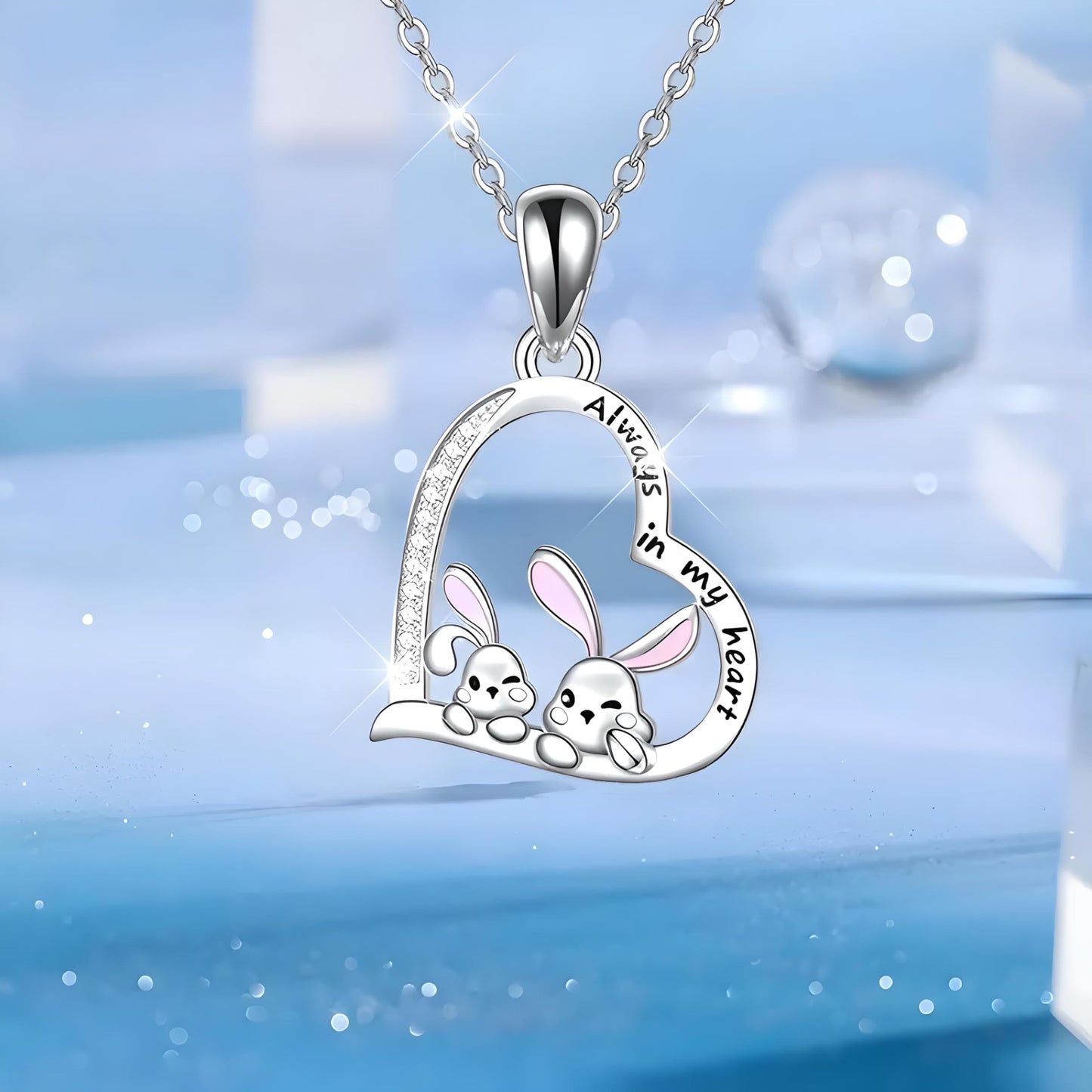 SUPAC Pair of Bunnies & Heart Pendant Necklace Always in My Heart - White Golden Plated Alloy with Resin Accents, Birthday or Friendship Gift, 2+ Options