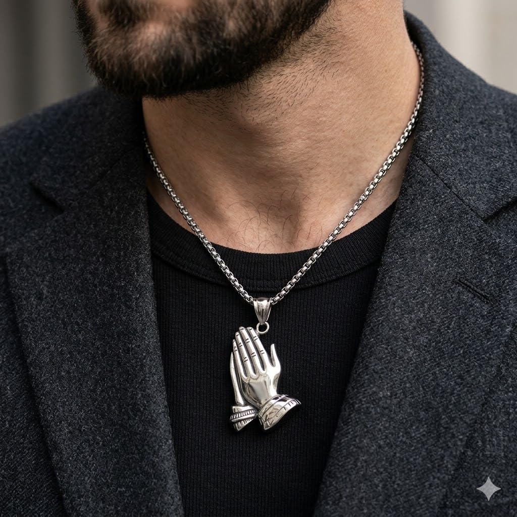 Exquisite Silver Prayer Hands Necklace - A Symbol of Faith, Elegance, and Spiritual Connection - 1pc Prayer Hands Stainless Steel Chain Pendant