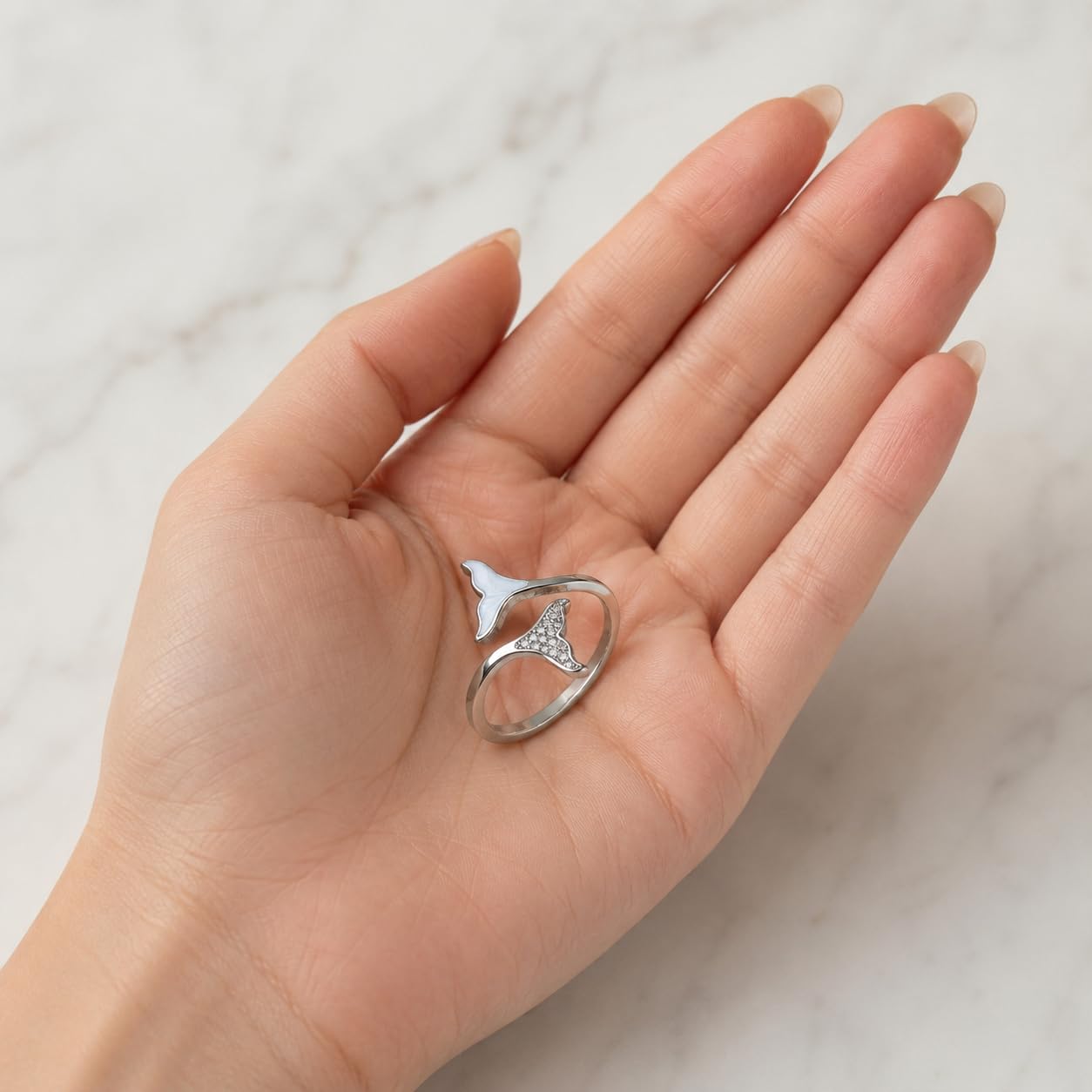 SUPAC Sterling Silver Whale Tail Ring with Crystal Accents, Adjustable Open Design - Gift for Whale Lovers