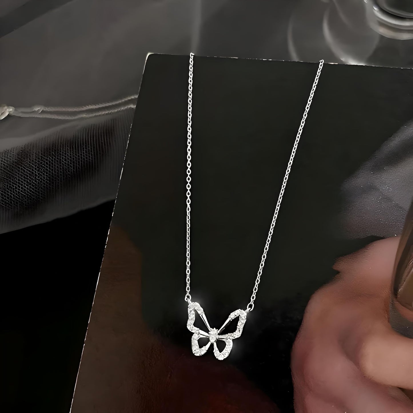 SUPAC Elegant Silver Butterfly Necklace with Delicate Rhinestone Diamonds, Neck Jewelry Ornament - Embellish Your Style, Perfect for Gifting!