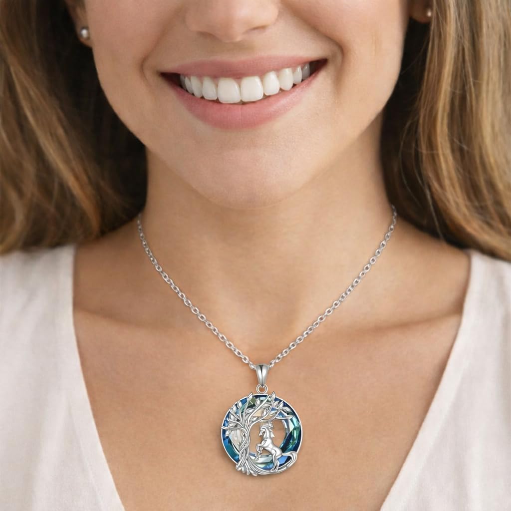 SUPAC Tree of Life Swing, Sloth, Horse + Other Styles Pendant Necklace, Silver Chain, Crystal Rainbow Background - Gift for Friends (Horse)