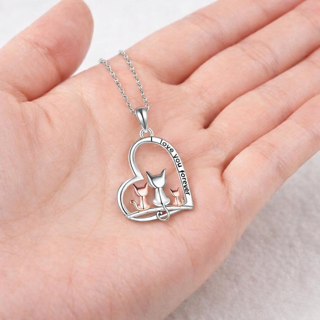 SUPAC Cute Cat Heart Necklace, Sitting Together - Charming Heart Necklace in Rose Gold - Stylish Versatile Gift for Women & Party Accessory! (3 CATS)