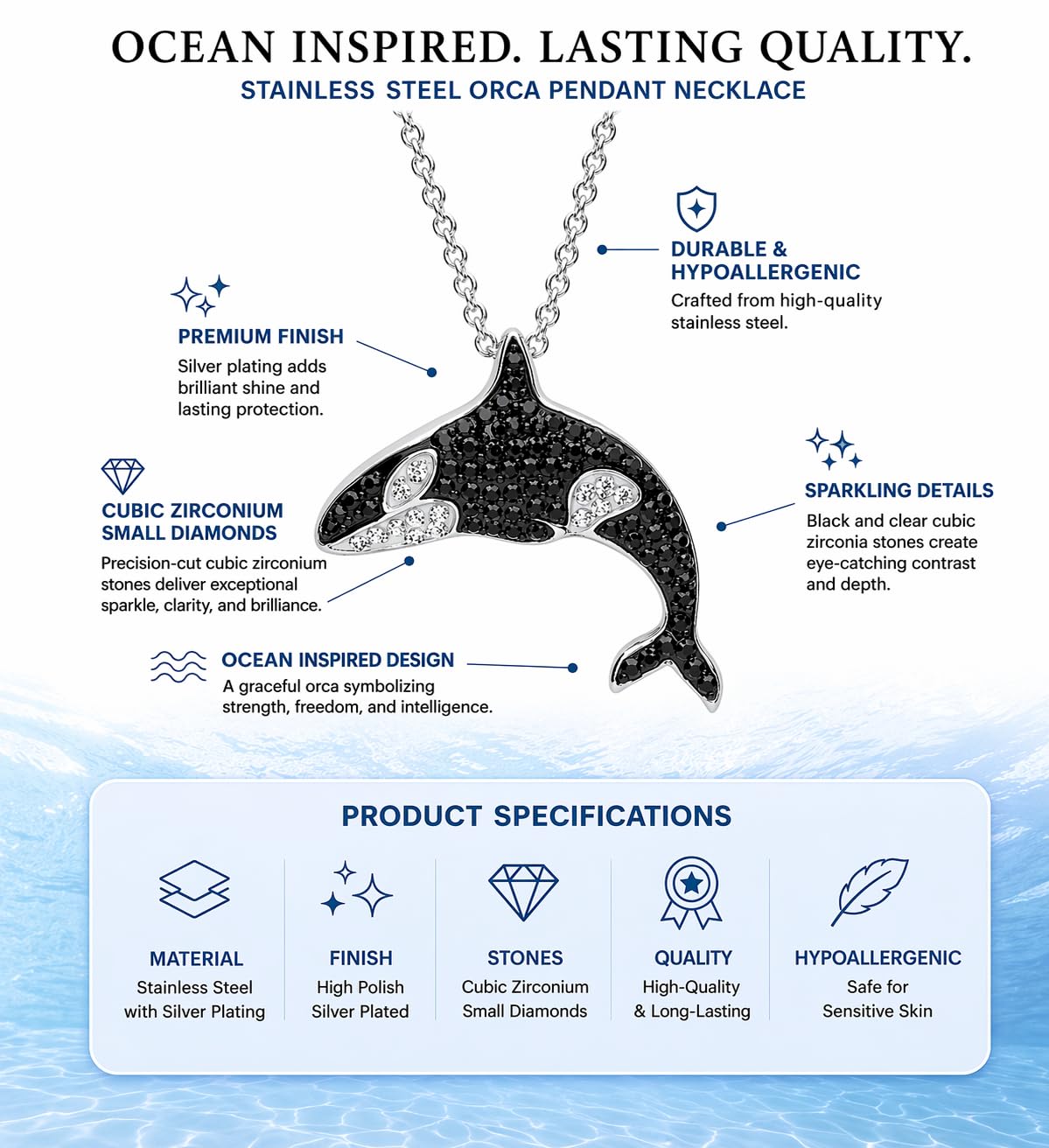 SUPAC Stainless Steel Silver Killer Whale Orca Whale Pendant Necklace, Black and Silver, Shamu Gift