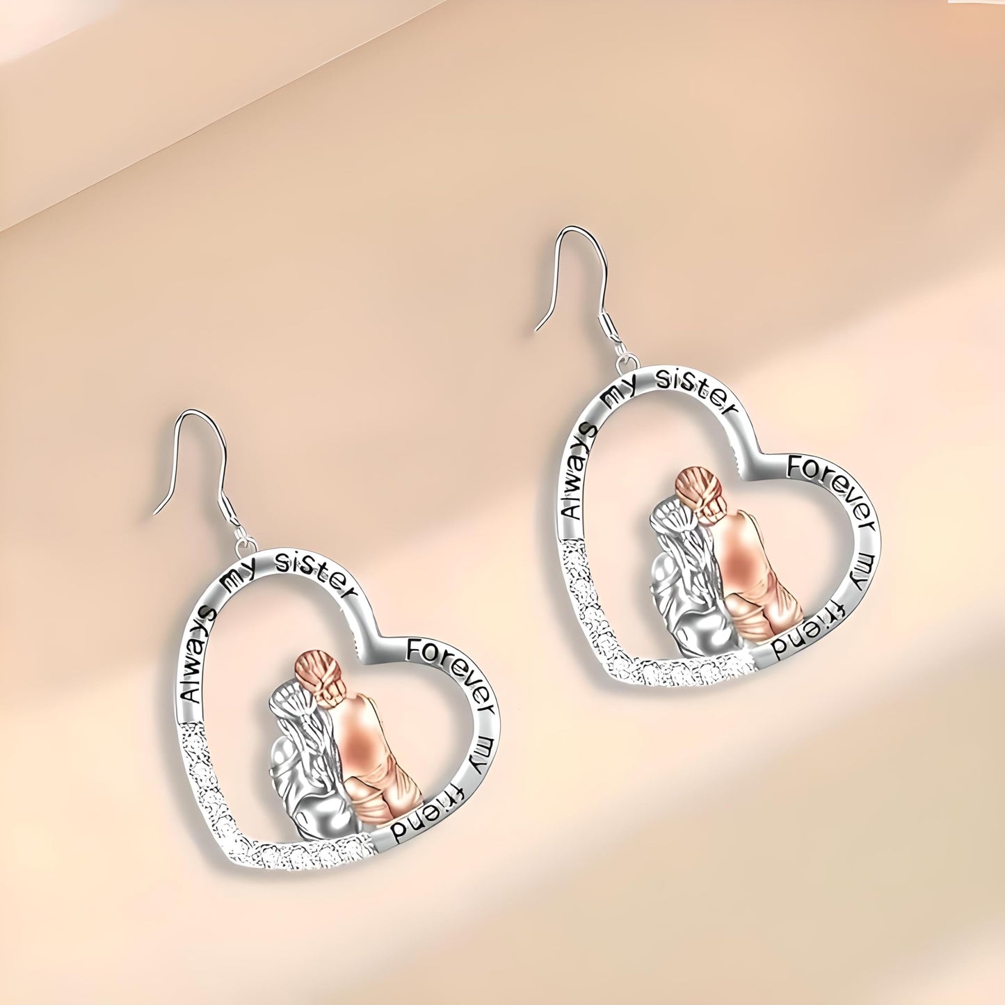 3PCS Sister Love Heart Pendant Necklace Set, Fashion Alloy, One necklace with Two Earings- White Gold Plated Jewelry for Women – "Always my sister, Forever my friend" -Ideal Birthday, Christmas, Party Gift
