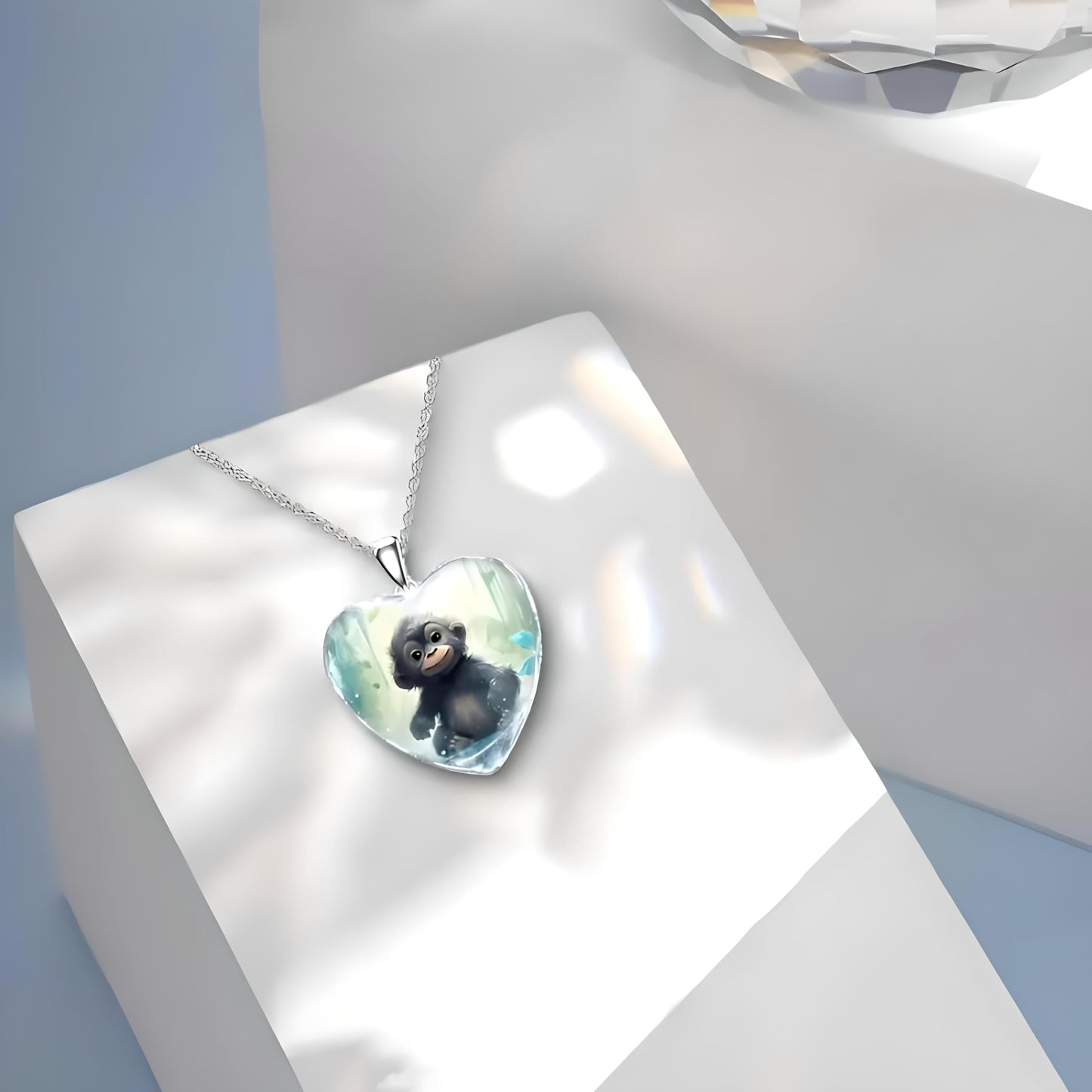 Heart-Shaped Pendant Necklace with Different Animals - Panda, Horse, Deer, Cat, Elephant, Dog Scenic Views, Stainless Steel Necklace with Glass Pendant - Christmas, Holiday, or Birthday Gift