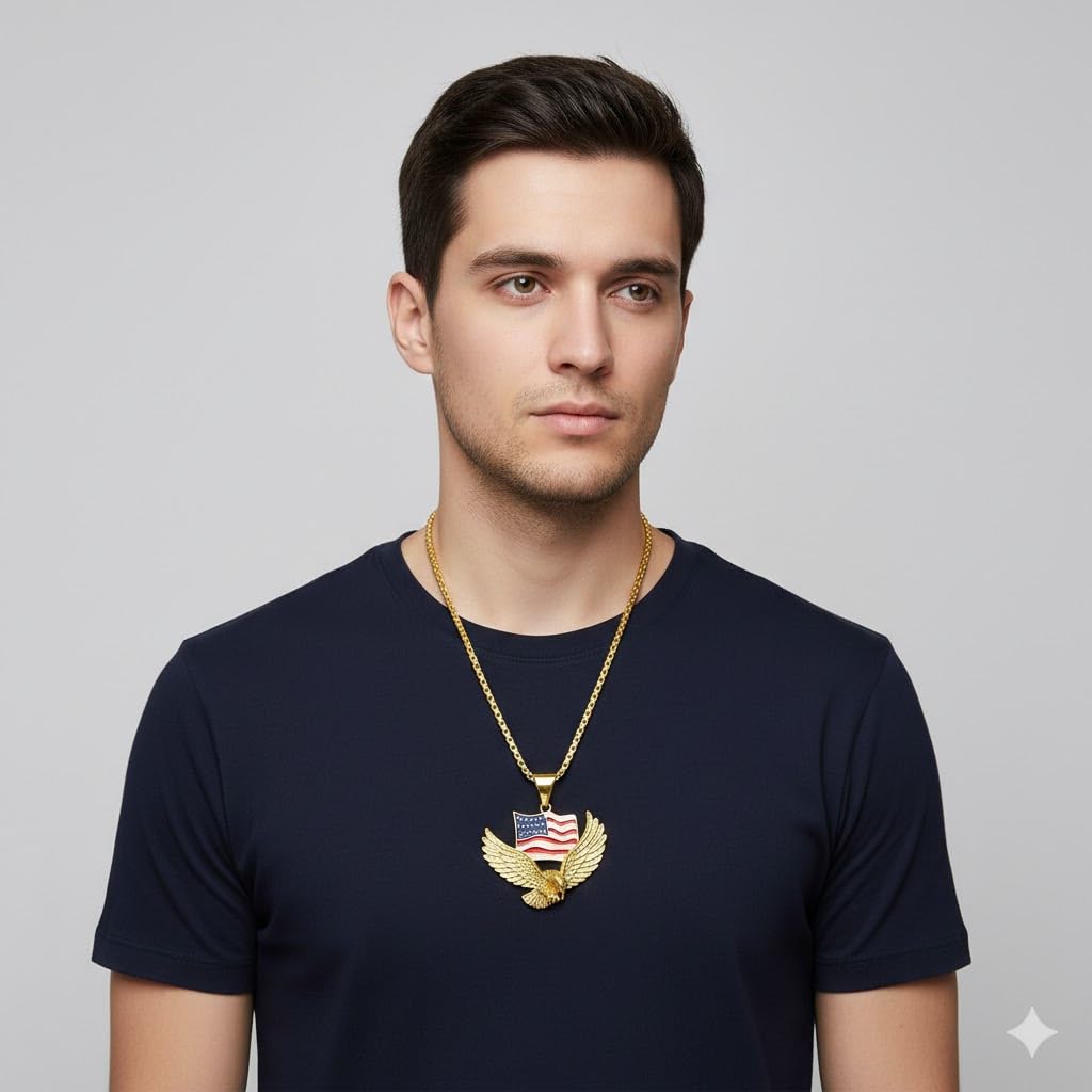 SUPAC Mens Majestic Silver Eagle with American Flag Pendant Necklace - A Bold Hip Hop Jewelry Statement, Symbol of Freedom and Unmatched Style