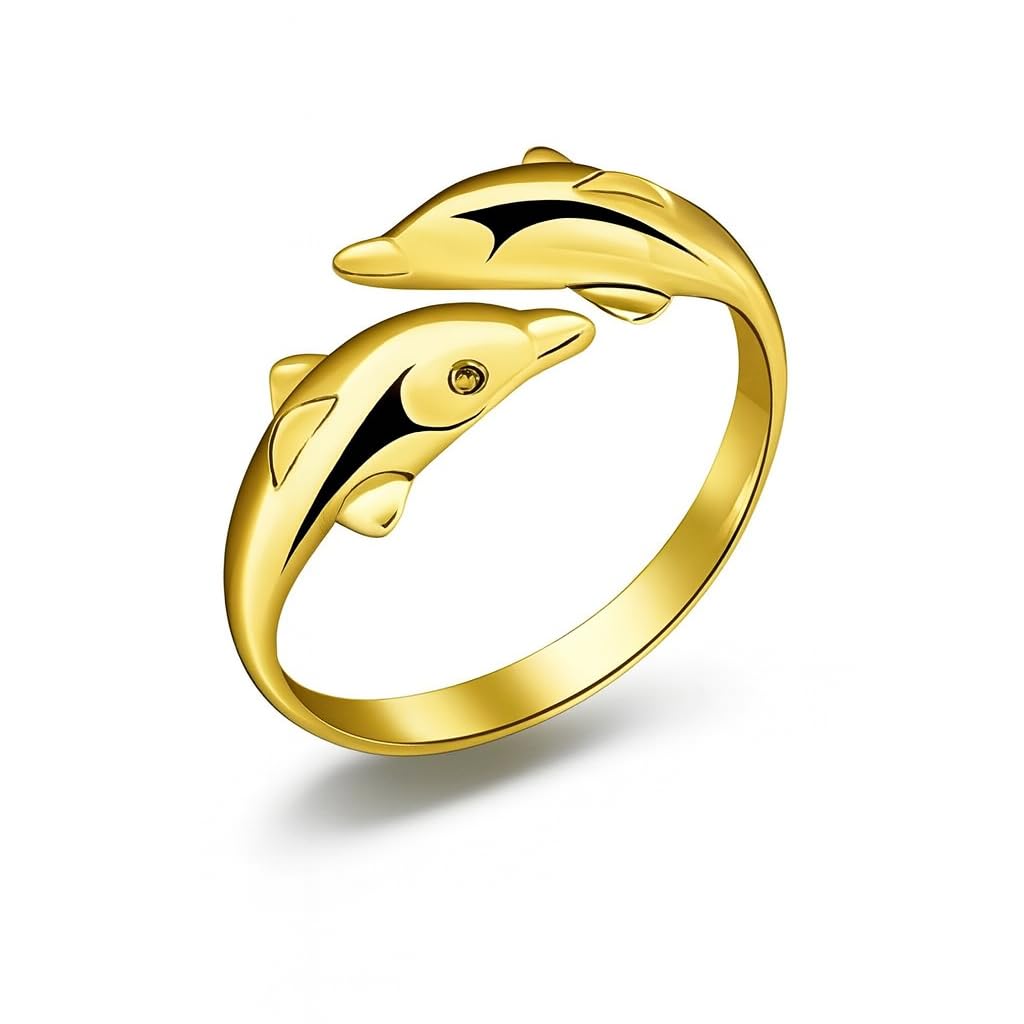 SUPAC Stainless Steel Double Dolphin Ring, Adjustable Size, 0.7 inch Inner Length - Ocean Gift