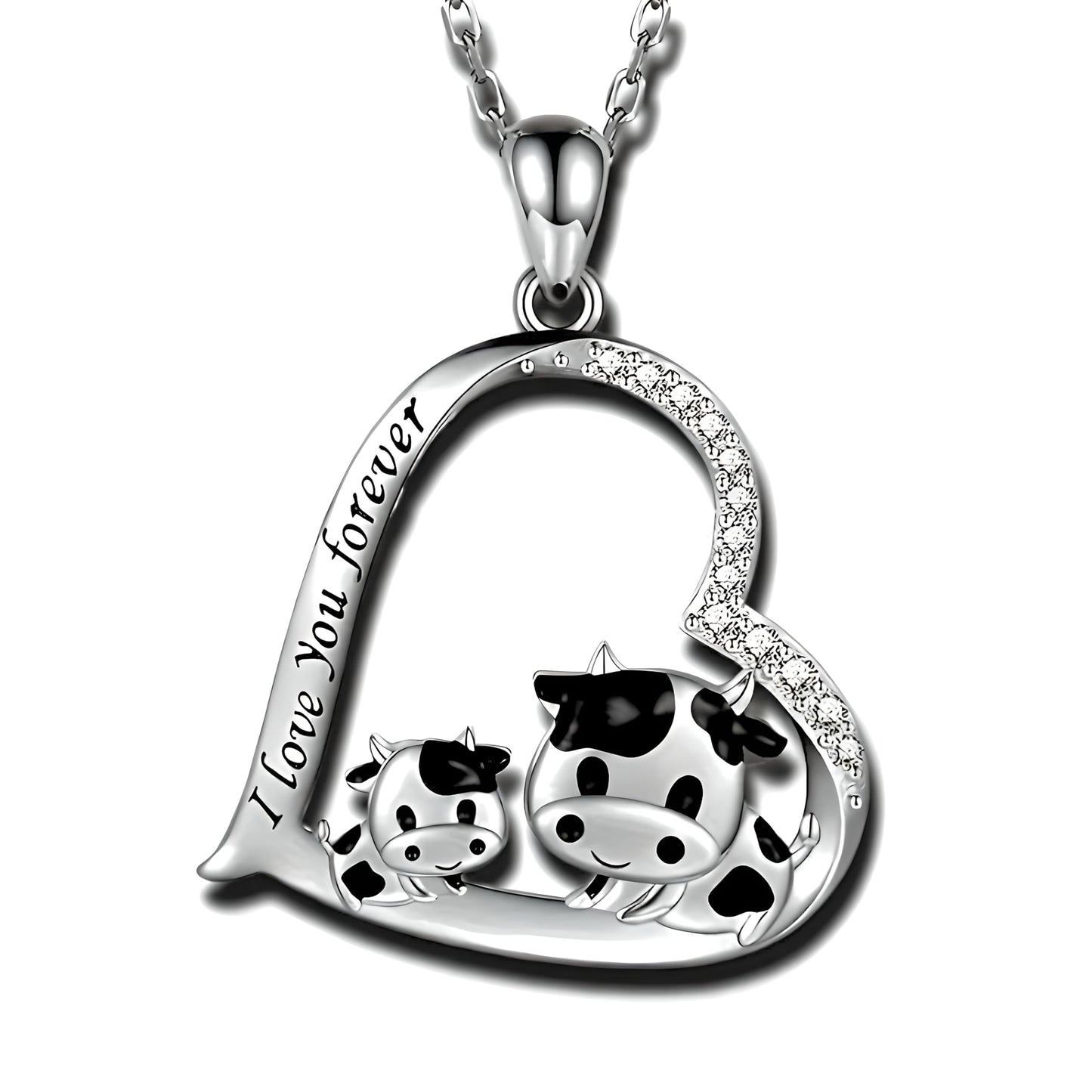 Blue Heart Shaped Mother and her Calf Cow Pendant Necklace for Women - Mother's Day Gift, Christmas, or Birthday Gift