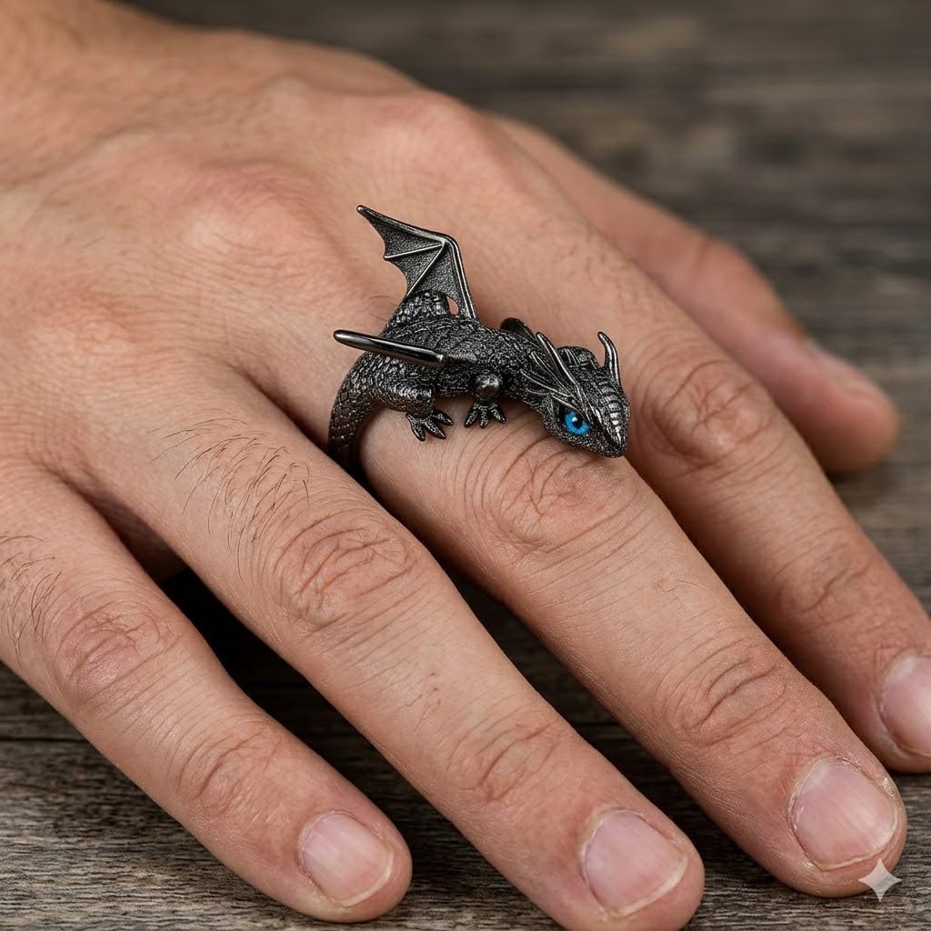 SUPAC Whimsical Silver Flying Dragon Ring - Unique Animal Shape Design, Adjustable Index Finger Ring for Men or Women, Cute Personality Statement Jewelry, Niche Fashion Accessory
