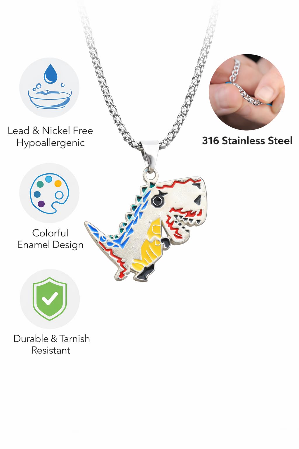 SUPAC Stainless Steel Plated T-Rex Dinosaur Pendant Necklace for Men or Women - Christmas or Birthday Gift