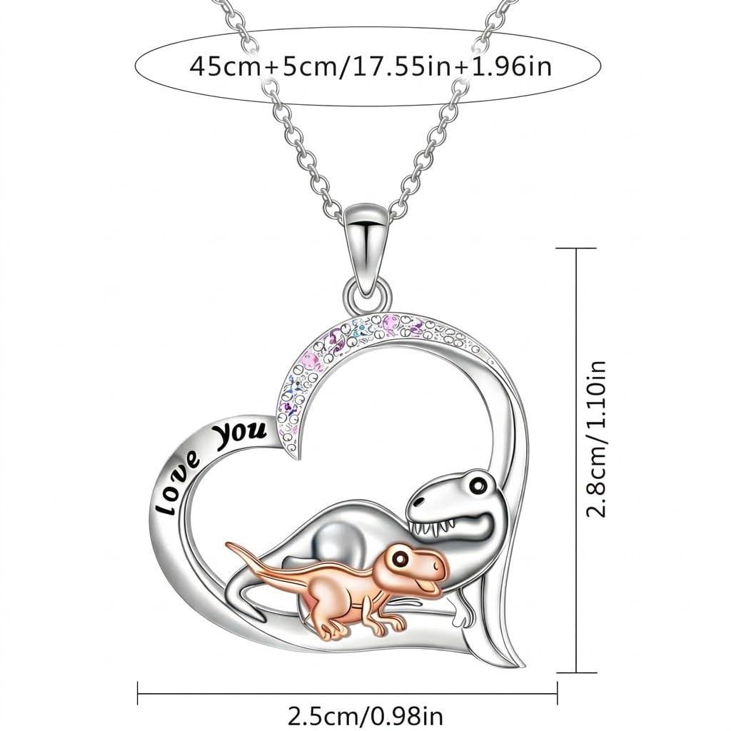 SUPAC Cute Cartoon Dinosaur Heart Pendant Necklace with Rhinestone Accents I Love You, Fashion Jewelry for Daily and Party Wear, Birthday and Christmas Gift