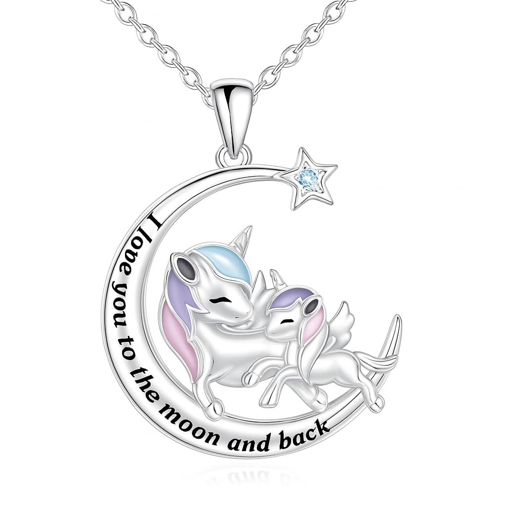 SUPAC I Love You to the Moon and Back Shooting Star Mother-Daughter Unicorn Pendant Necklace, Gift for Birthday or Christmas (Red or Blue Star)