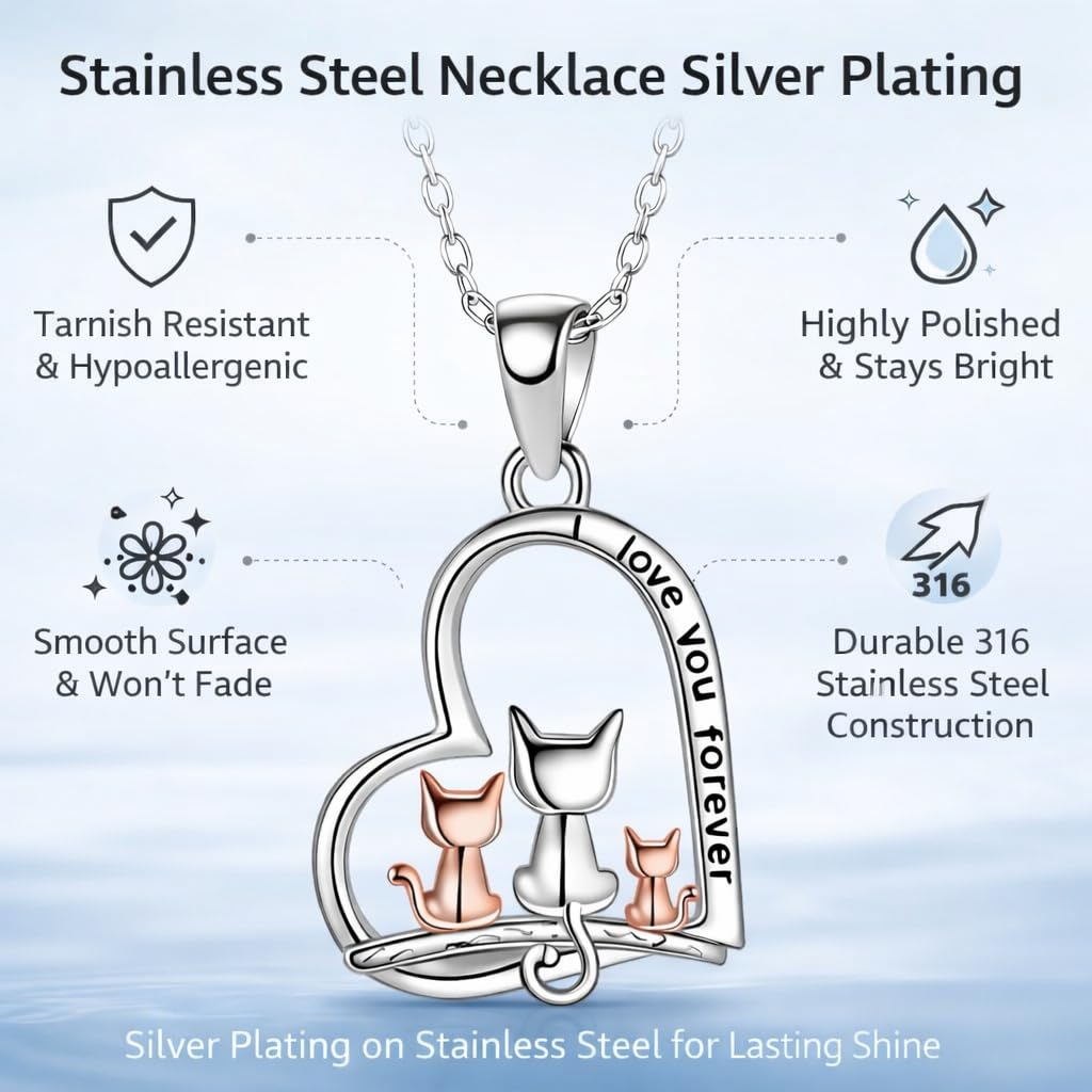 SUPAC Cute Cat Heart Necklace, Sitting Together - Charming Heart Necklace in Rose Gold - Stylish Versatile Gift for Women & Party Accessory! (3 CATS)