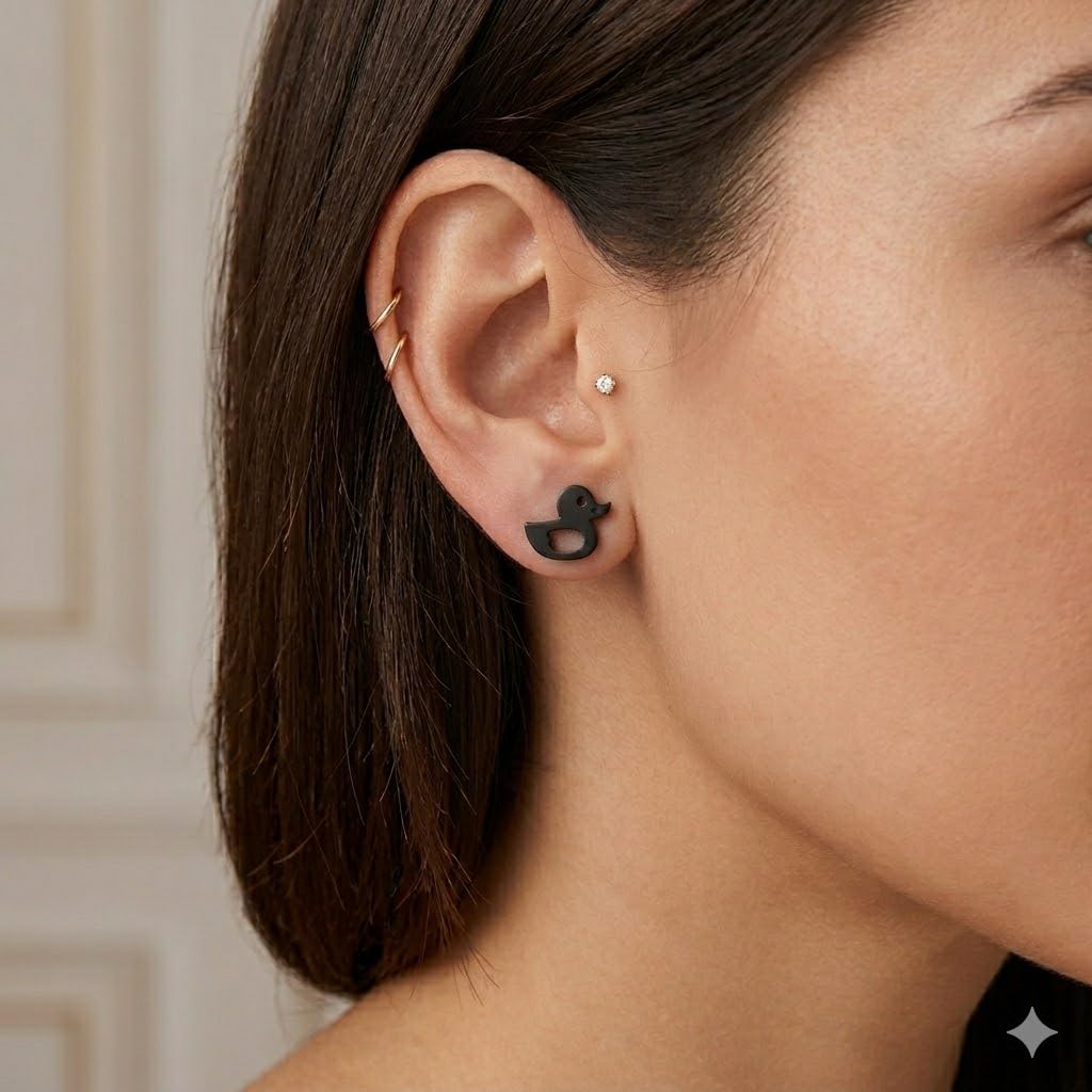 Cute Duck Stud Earrings, Gold Plated, Small Size - Gold, Silver, Black Options - Gift For Duck Lovers'
