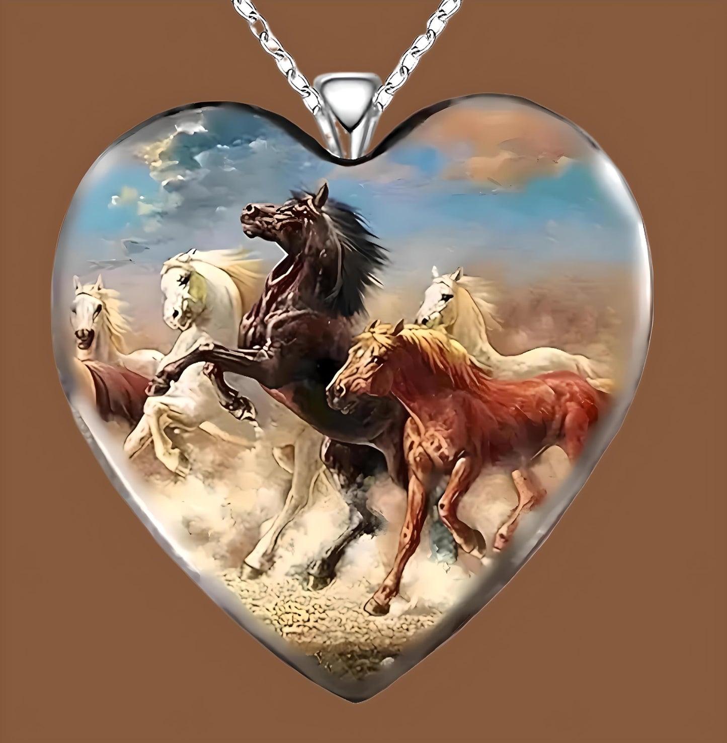 Heart-Shaped Pendant Necklace with Different Animals - Panda, Horse, Deer, Cat, Elephant, Dog Scenic Views, Stainless Steel Necklace with Glass Pendant - Christmas, Holiday, or Birthday Gift (Horses)