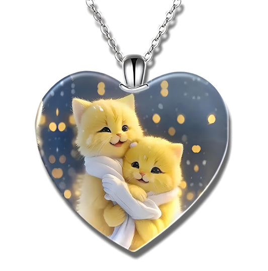 Cute Yellow Cats Hugging Heart Pendant Necklace, Crystal Glass Pendant, Stainless Steel Chain 'I Love you Today, Tomorrow, Always' Engraved - Christmas, Holiday, or Birthday Gift
