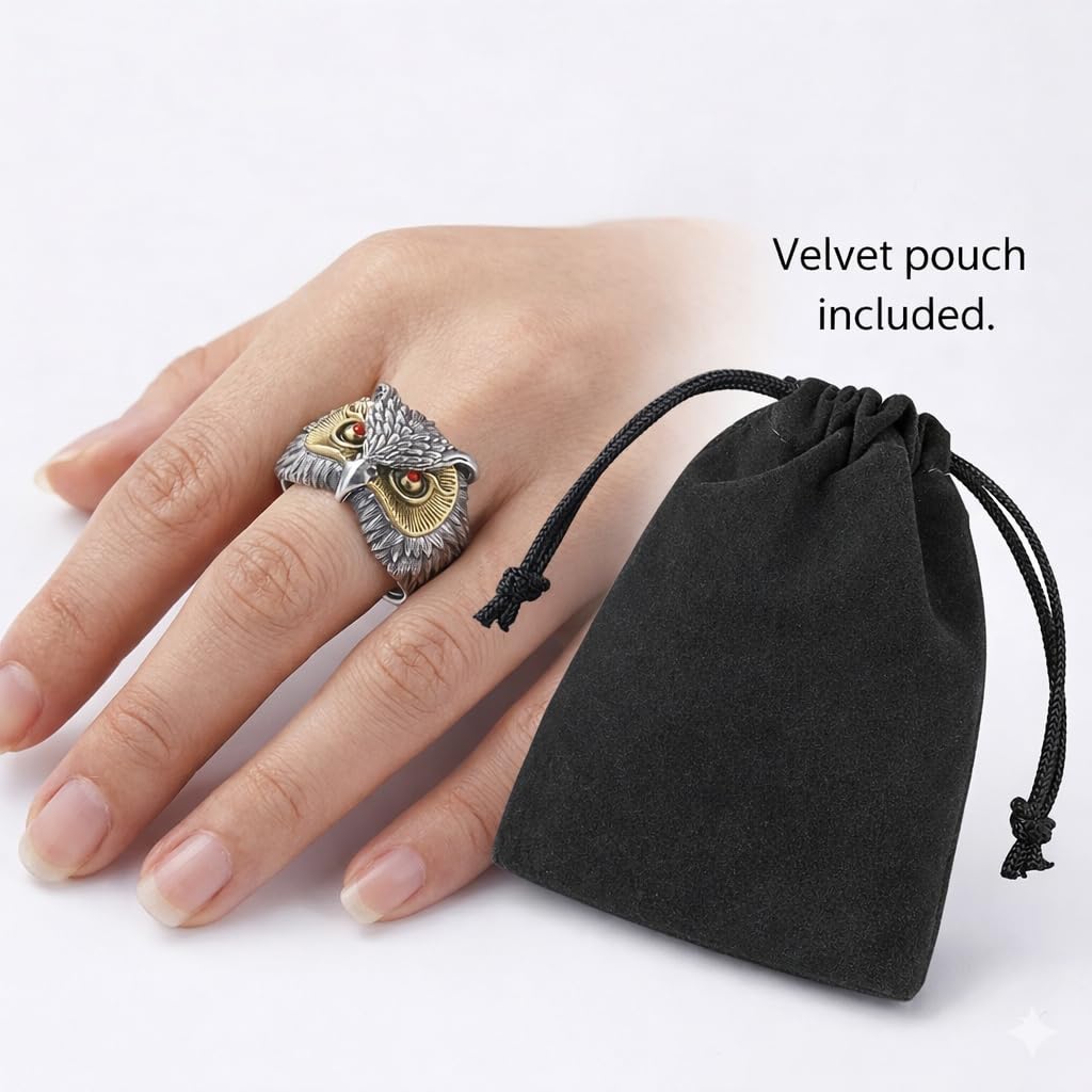 SUPAC Vintage Owl Ring with Turquoise Eyes, Two-Tone Silver and Gold Finish, Detailed Feather Design, Adjustable Size