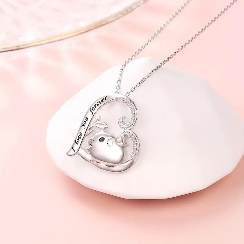 Love You Forever Guinea Pig Heart Necklace, Sterling Silver with Crystals - Christmas, Party, and Birthday Gift