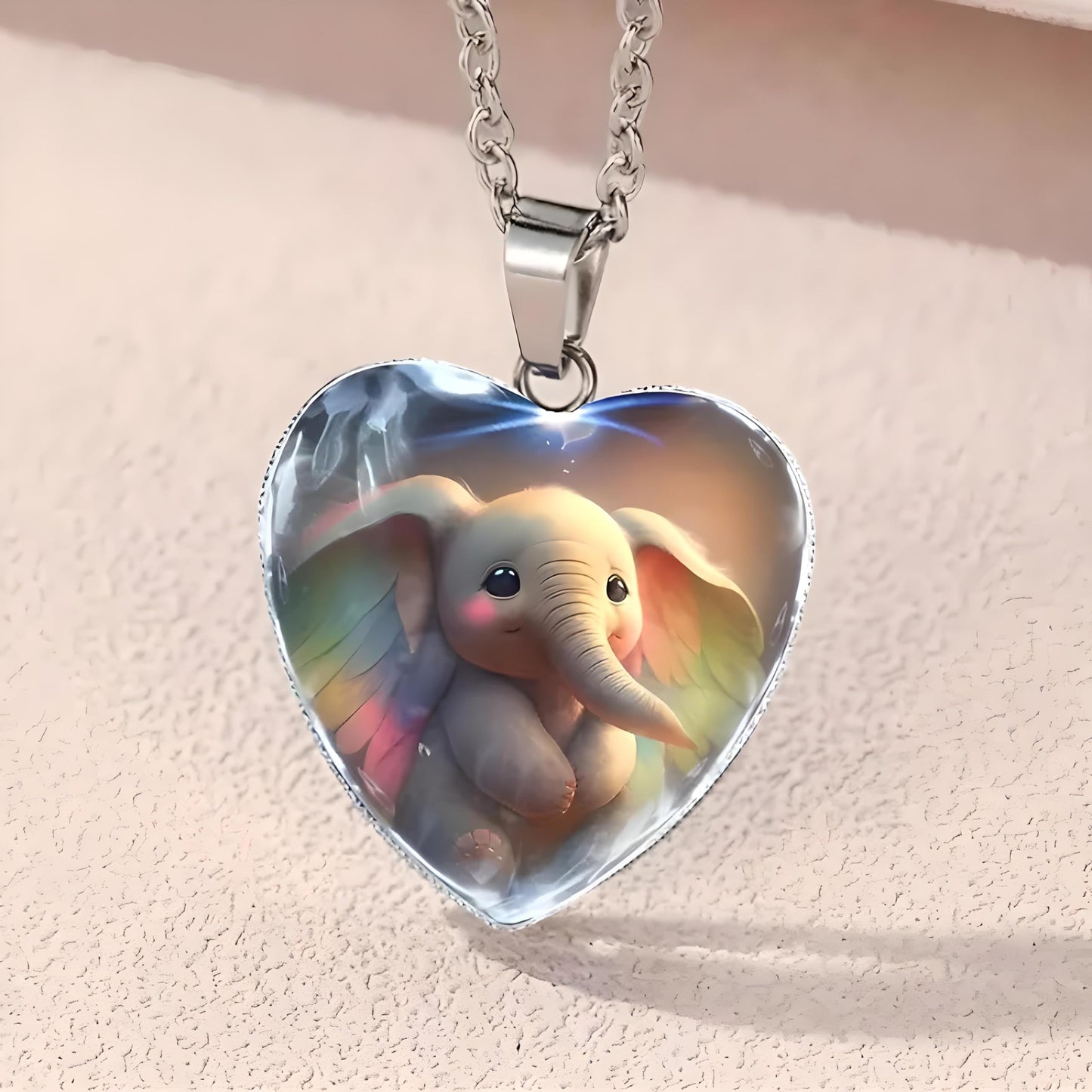 Heart-Shaped Pendant Necklace with Different Animals - Panda, Horse, Deer, Cat, Elephant, Dog Scenic Views, Stainless Steel Necklace with Glass Pendant - Christmas, Holiday, or Birthday Gift (Elephant)