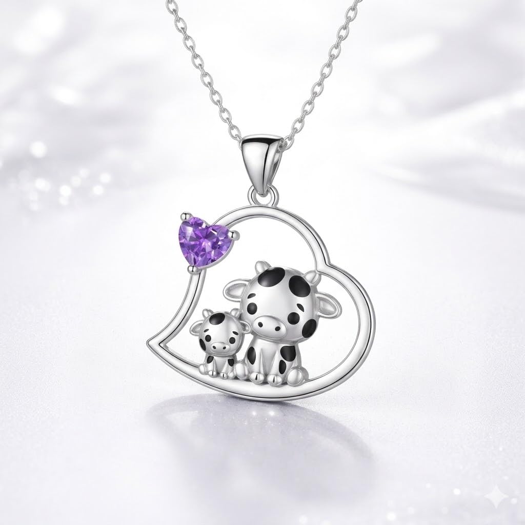 Blue Heart Shaped Mother and her Calf Cow Pendant Necklace for Women - Mother's Day Gift, Christmas, or Birthday Gift