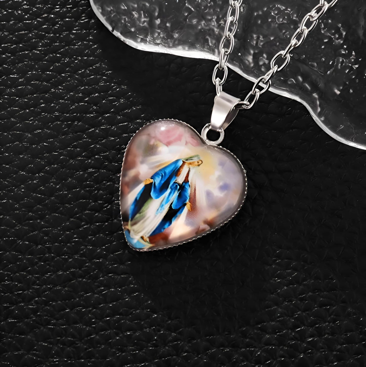 Glass Mother Mary Image with Heart Pendant Necklace, Stainless Steel Chain - Holiday, Christmas, or Birthday Gift