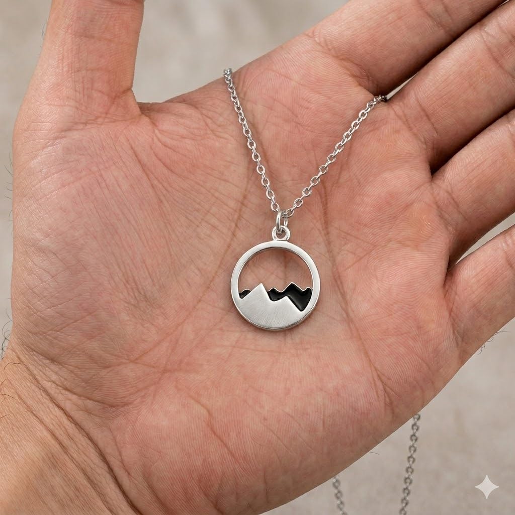 SUPAC Mountain Scene Pendant Stainless Steel Necklace, Silver Plated Chain, Nature Landscape Design, Circle Pendant (Black Mountain)