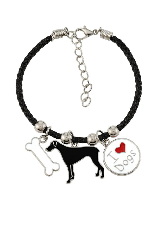Pet Charm Bracelet with Dog Charms, Black Braided Band, I Love Dogs Design - Dog Lovers' Bracelet - Different Breeds of Dogs, Pet Lover Gift for Birthday and Holiday, Durable and Long-Lasting, Hypoallergenic and Nickel-Free, Everyday Wear (Great Dane)