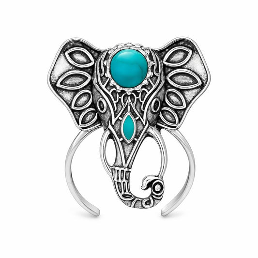SUPAC Adjustable Vintage Elephant Ring with Turquoise Inlay – Unisex Boho Style Alloy Jewelry for Everyday & Party