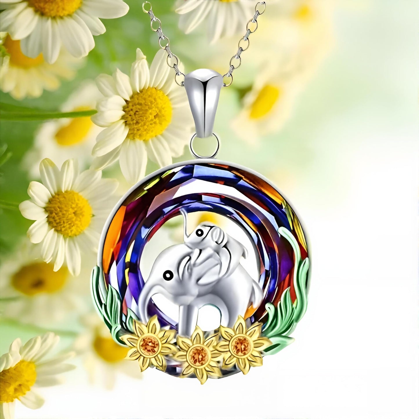 Stainless Steel Animal Pendant Necklace Set, Elephant with Sunflower, Hummingbird, Cat Design, Multi-Color Crystal (Elephant)