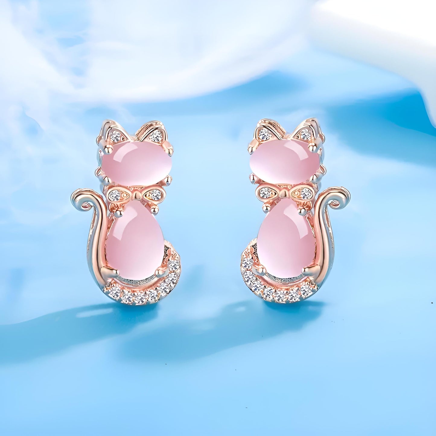 Rose Gold Cat Stud Earrings, Dog Paw Earrings, Pink Glass Crystal, Rhinestone Accents, 0.63 x 0.35 inches - Cat Earrings Gift