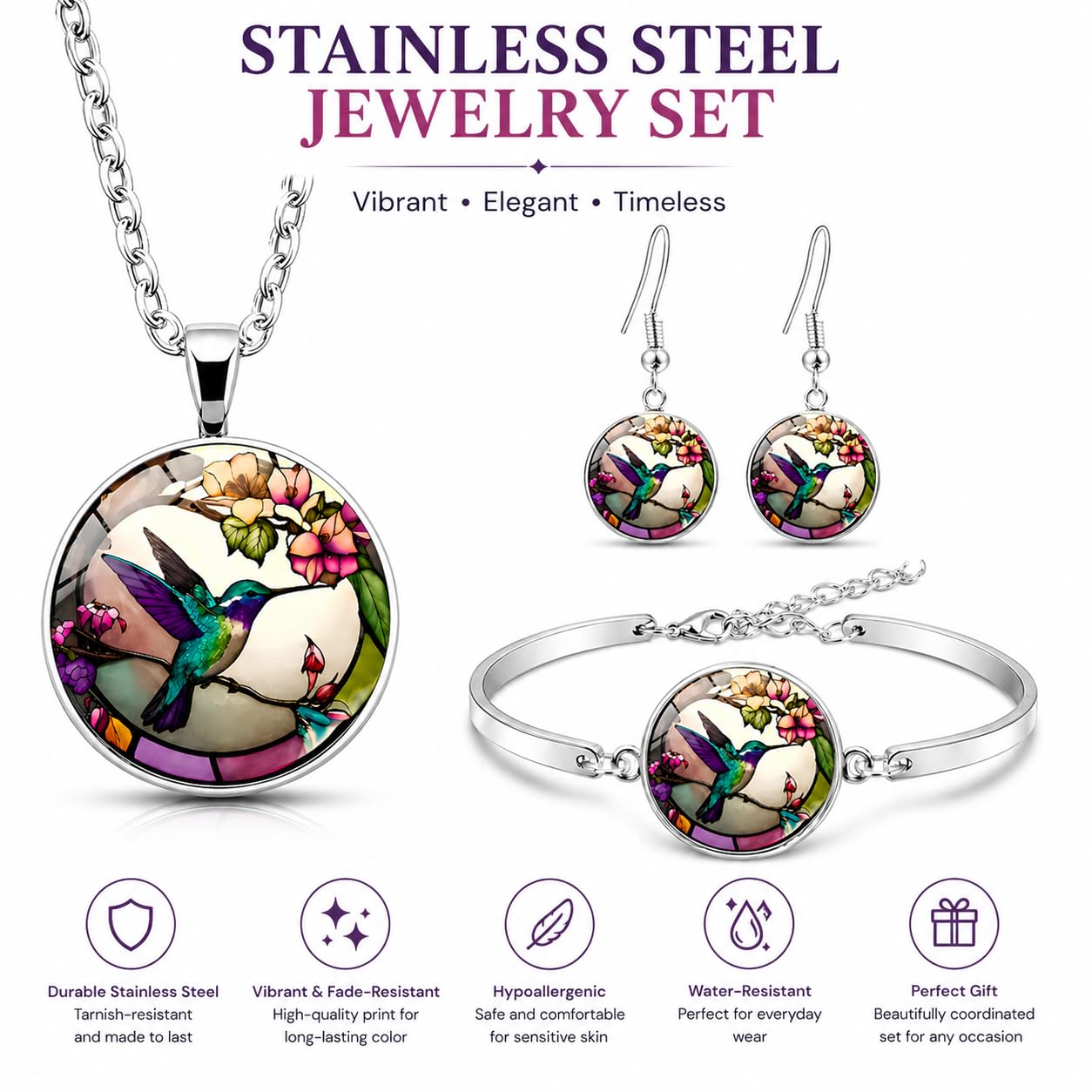 SUPAC Stunning Hummingbird Pendant Necklace - Two Humming Birds Searching for Flower - Fashionable Alloy Jewelry with Delicate Details - Birthday, Party, Gift Idea for Her