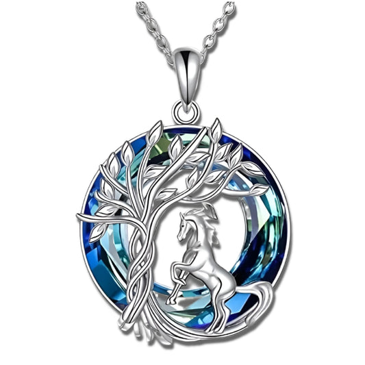Sterling Silver Horse Tree of Life Pendant Necklace, Blue Crystal, Women's Jewelry