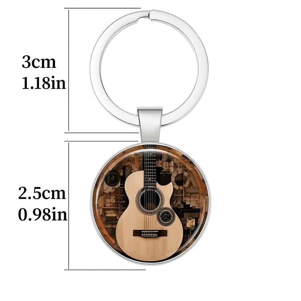 SUPAC Decorative Acoustic Guitar Keychain, 2D Flat Design, 1.18 inch Ring