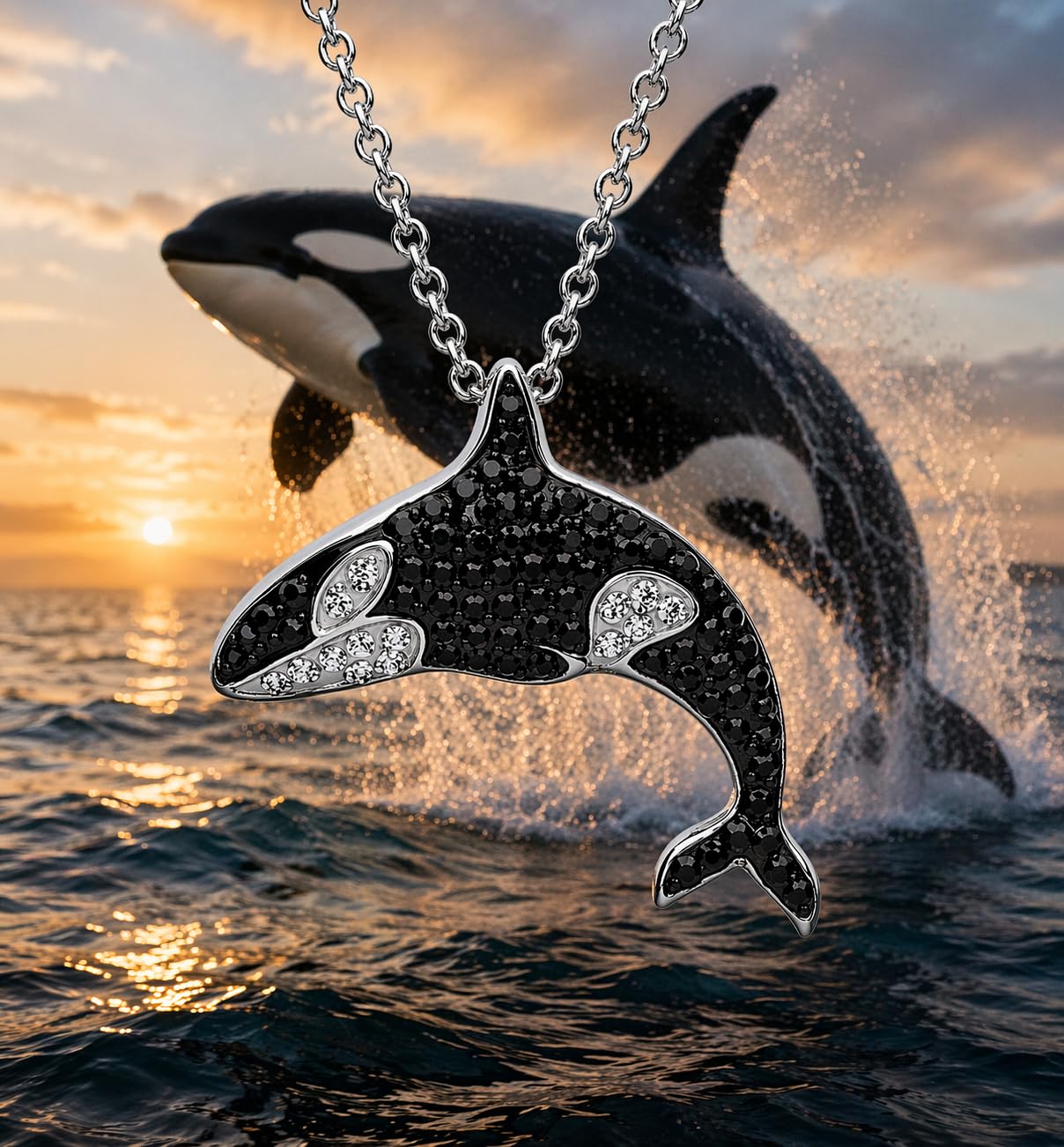 SUPAC Stainless Steel Silver Killer Whale Orca Whale Pendant Necklace, Black and Silver, Shamu Gift