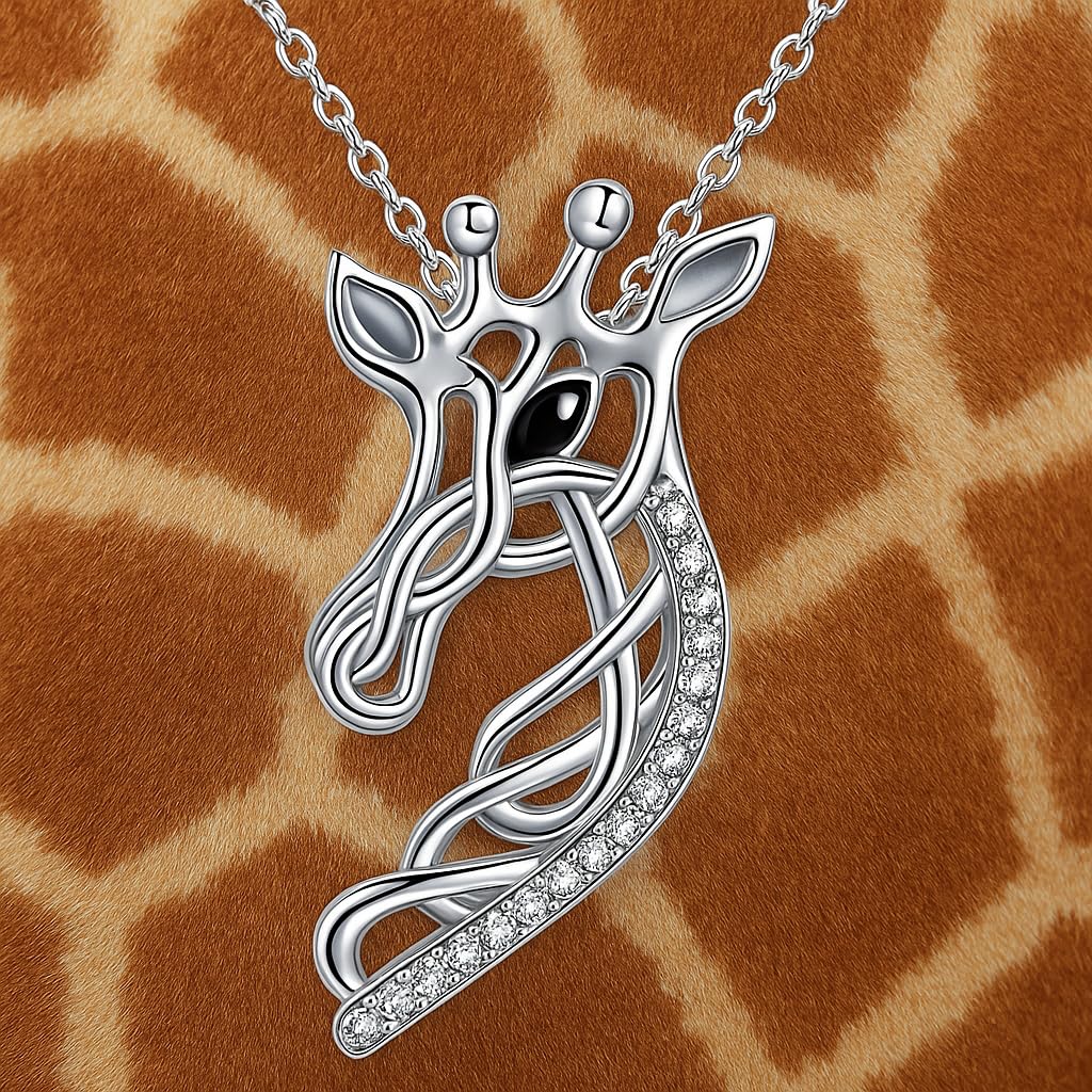 SUPAC Sterling Silver Tree of Life Giraffe Pendant Necklace, Blue Crystal Background, Gift for Animal Lovers! (Silver Giraffe Head)
