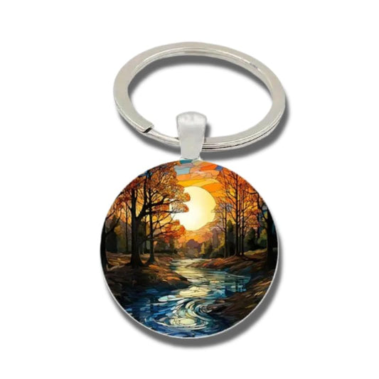 Mountain Sunset Stained Glass Art Keychain, Nature Scene Design, Round Pendant (Autumn Forest)