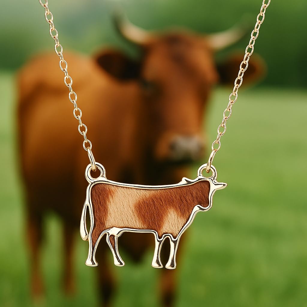 SUPAC Western Farm Animal Pendant Necklace, Cow, Horse, Goat, and Pig Hide - Silver Chain, 15.35 inch + 1.97 inch Extension