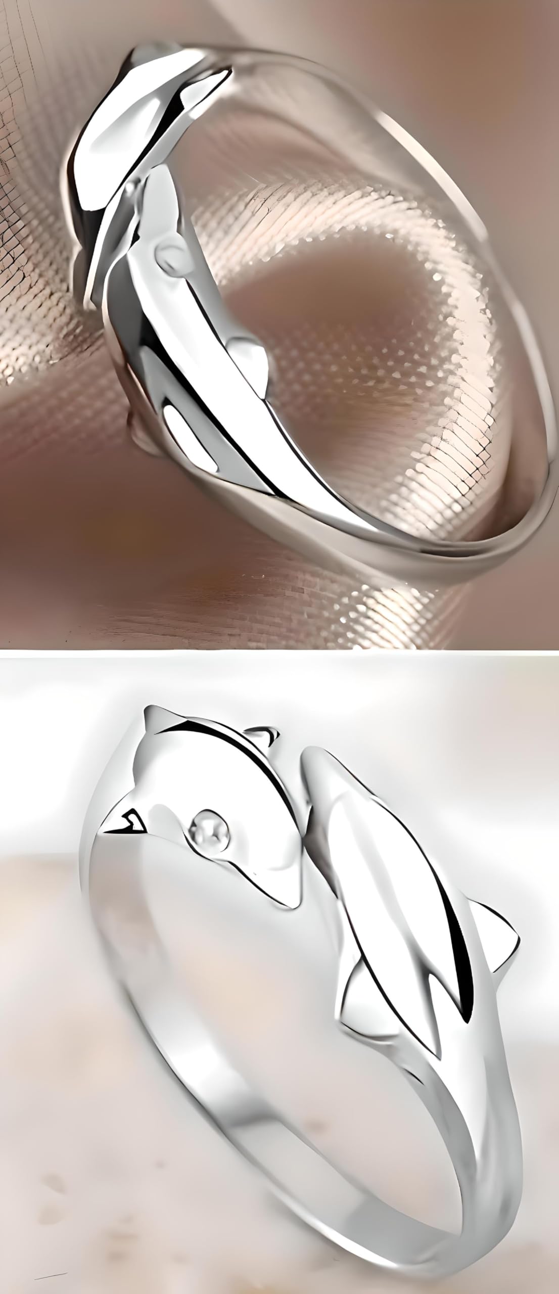 Stainless Steel Double Dolphin Ring, Adjustable Size, 0.7 inch Inner Length - Ocean Gift
