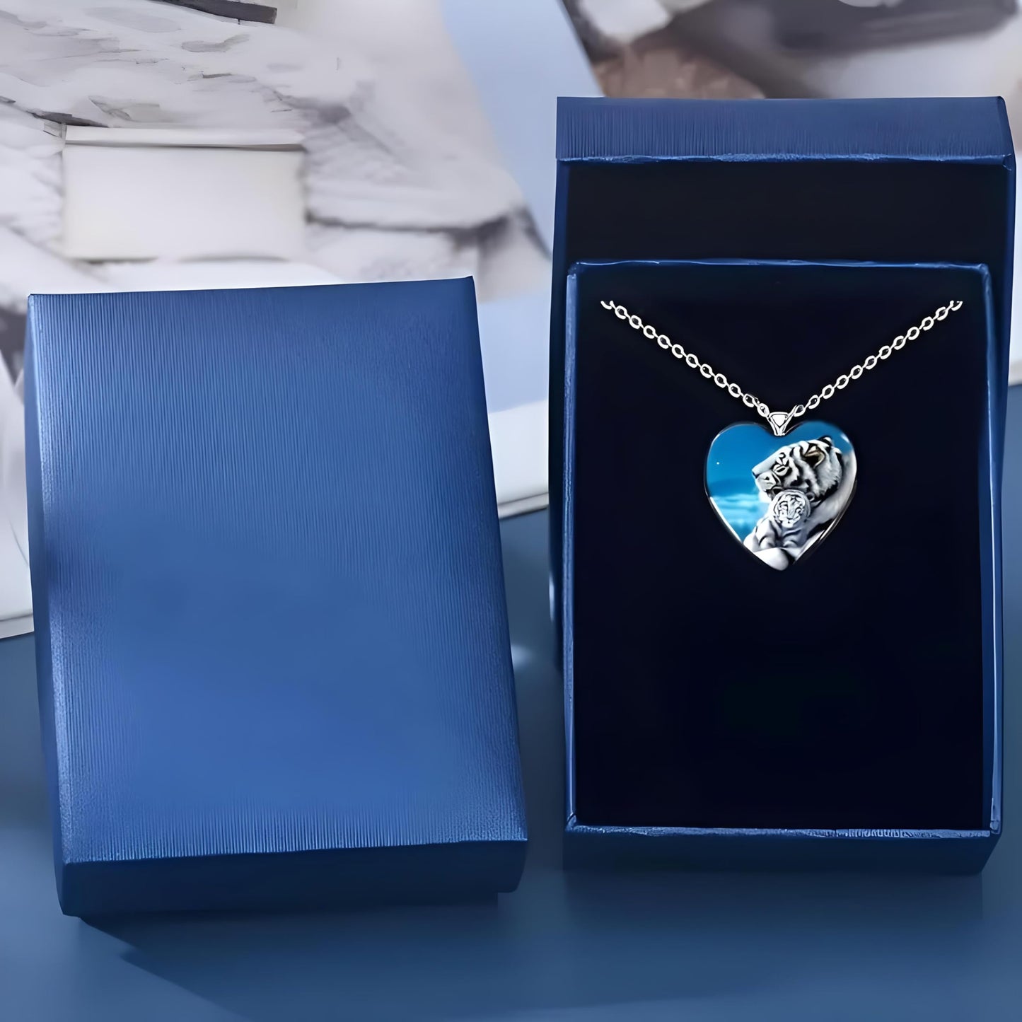 SUPAC Heart-Shaped Tiger Mom and Cub Pendant Necklace, Cute White and Black Tigers with Stainless Steel Chain, Birthday, Holiday or Christmas Gift