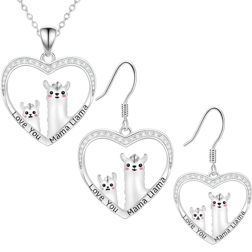 SUPAC Heart-Shaped Llama Jewelry Set, Stainless Steel Necklace and Earrings, Crystal Rhinestone - Llama Gift