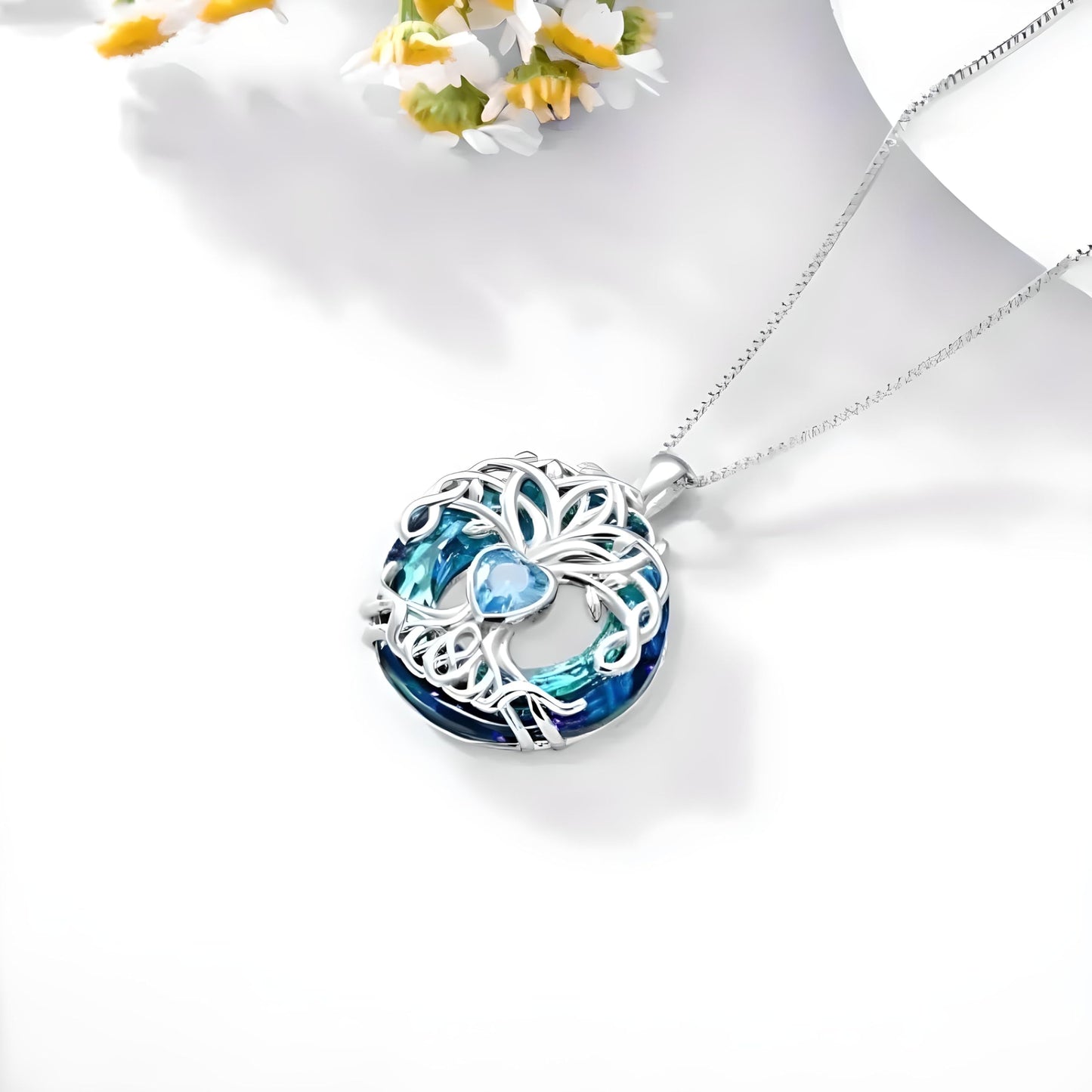 Tree of Life Jewelry Set, Blue Crystal Heart Design, Silver-Tone Necklace Bracelet Earrings Keychain, 4-Piece Set