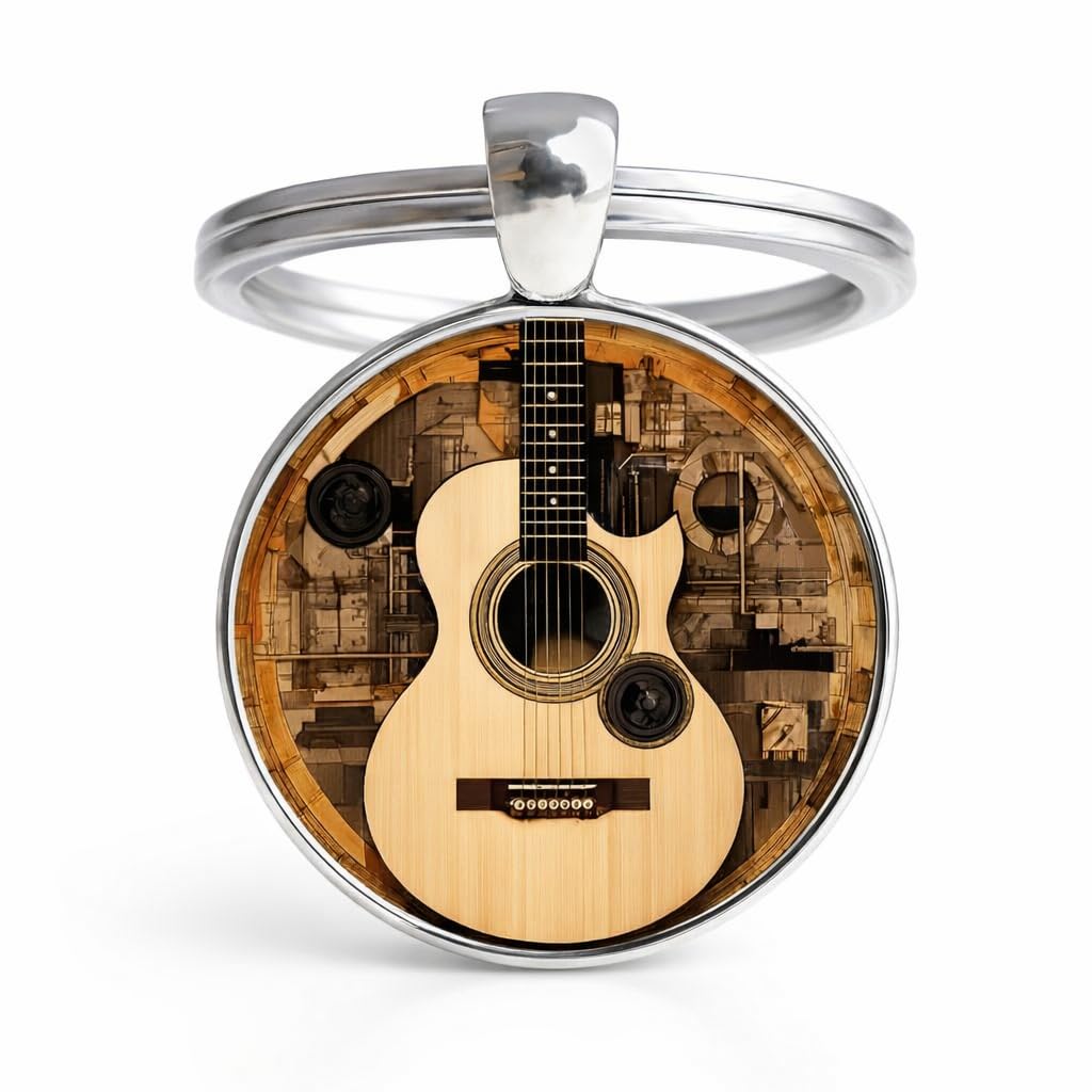 SUPAC Decorative Acoustic Guitar Keychain, 2D Flat Design, 1.18 inch Ring