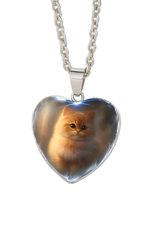 Heart-Shaped Pendant Necklace with Different Animals - Panda, Horse, Deer, Cat, Elephant, Dog Scenic Views, Stainless Steel Necklace with Glass Pendant - Christmas, Holiday, or Birthday Gift (Orange Cat)