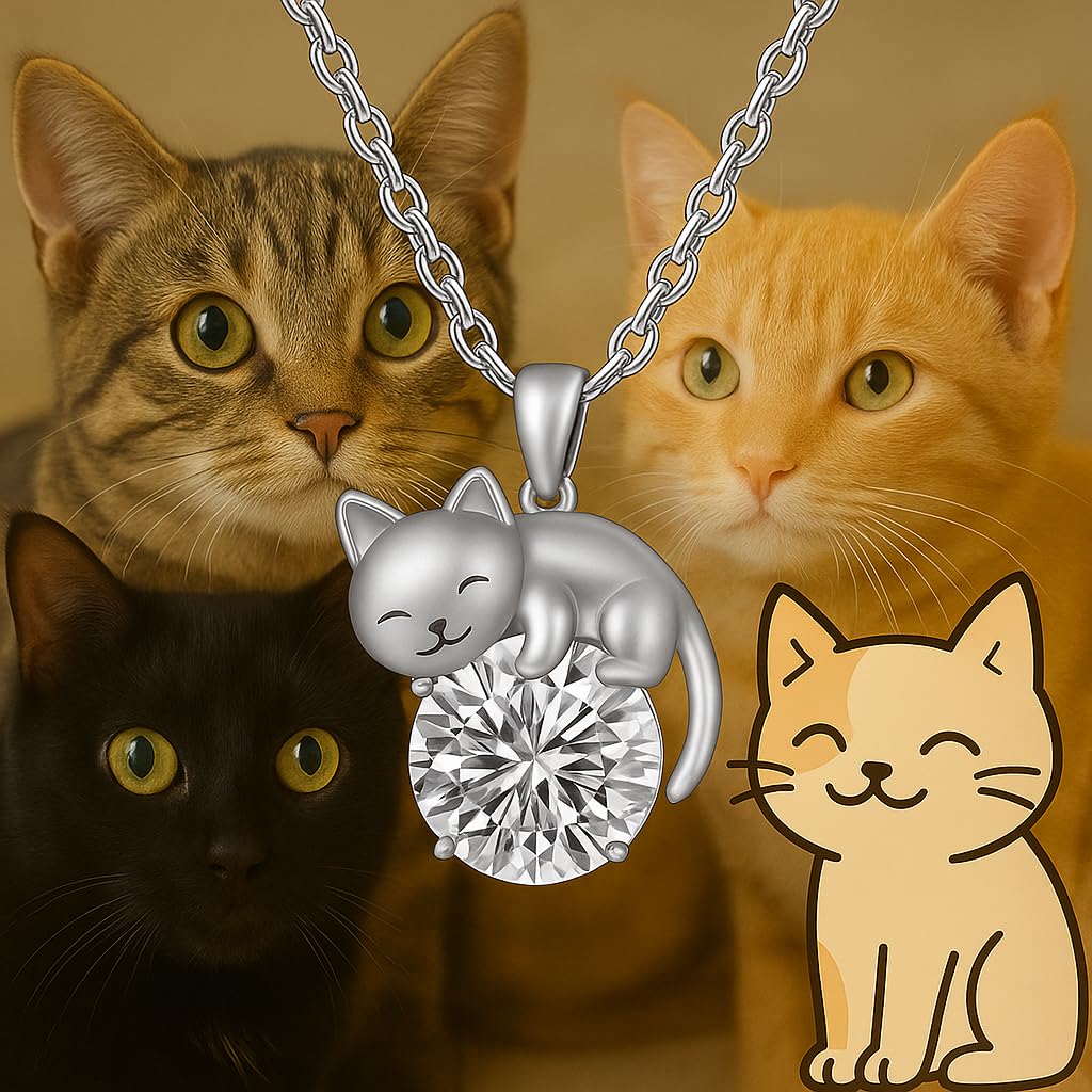 Crystal Cat Pendant Necklace, Silver Chain with Sleeping Cat Design, 17.7 inch Length