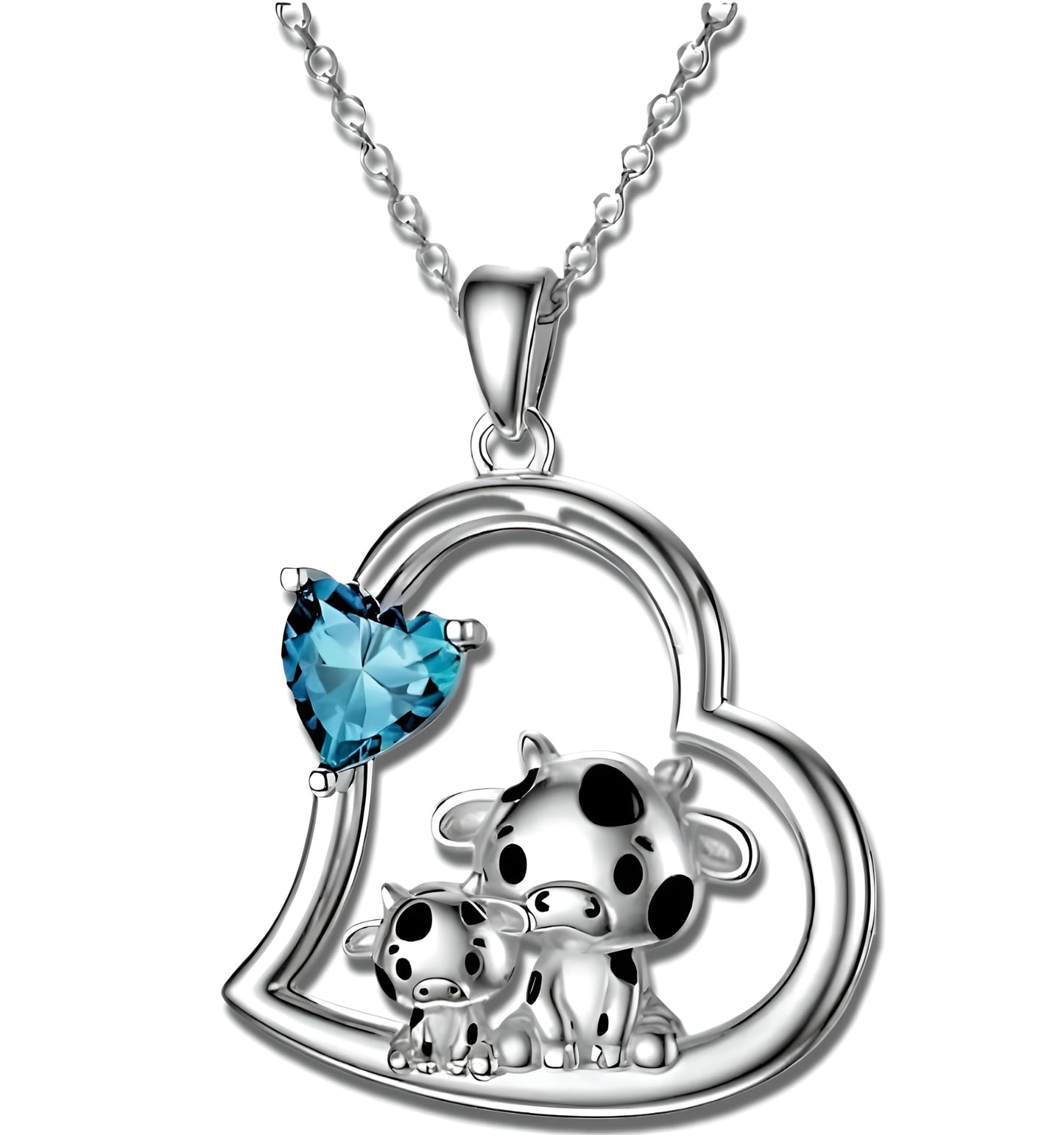 Blue Heart Shaped Mother and her Calf Cow Pendant Necklace for Women - Mother's Day Gift, Christmas, or Birthday Gift