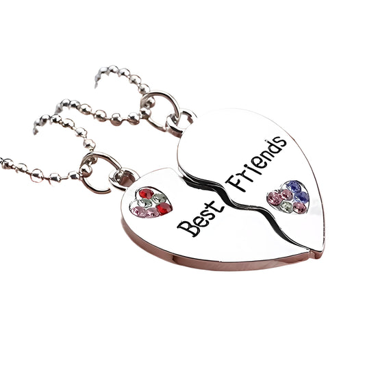 Best Friends Split Heart Pendant Necklace, 2 PC/set, with Rhinestones, 19.7 inch Silver Ball Chain